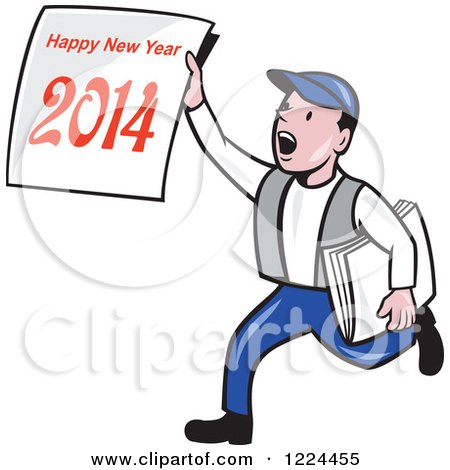 Clipart of a Cartoon Newsie Boy Holding a Happy New Year 2014 Newspaper - Royalty Free Vector Illustration by patrimonio