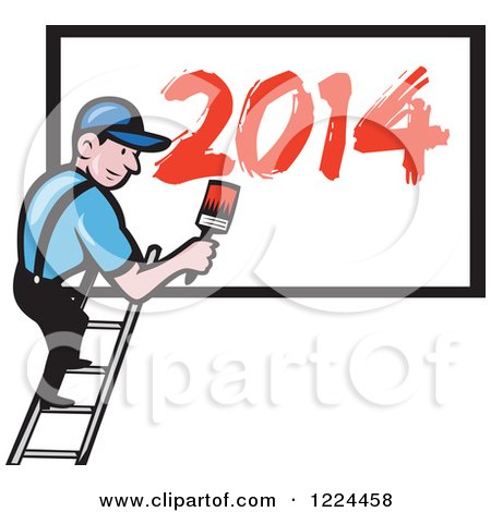 Clipart of a Cartoon Painter with Red Year 2014 on a Billboard - Royalty Free Vector Illustration by patrimonio