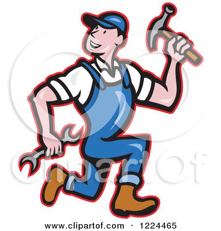 Clipart of a Cartoon Builder Man Running with a Hammer and Wrench - Royalty Free Vector Illustration by patrimonio