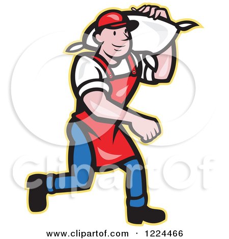 Clipart of a Cartoon Flour Miller Worker Carrying a Sack over His Shoulder - Royalty Free Vector Illustration by patrimonio