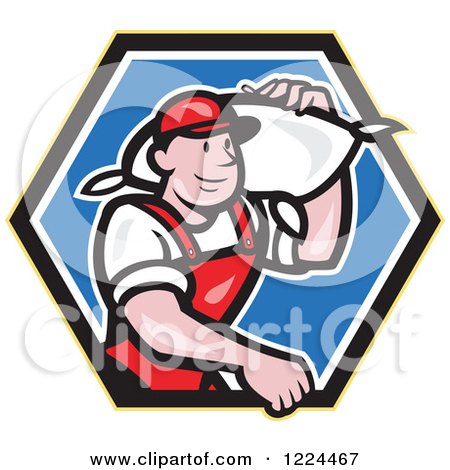 Clipart of a Cartoon Flour Miller Worker Carrying a Sack over His Shoulder in a Blue Hexagon - Royalty Free Vector Illustration by patrimonio
