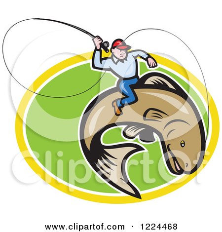 Clipart of a Fly Fisherman Riding a Trout in a Green and Yellow Oval - Royalty Free Vector Illustration by patrimonio
