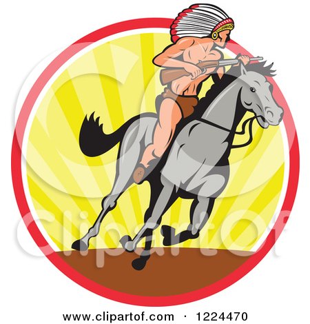 Clipart of a Native American Indian Chief with a Rifle on Horseback in a Circle of Rays - Royalty Free Vector Illustration by patrimonio