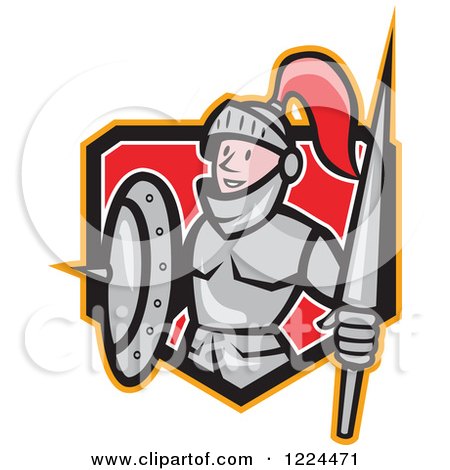 Clipart of a Cartoon Knight in Armour, Holding a Lance and Shield in a Crest - Royalty Free Vector Illustration by patrimonio