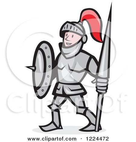 Clipart of a Happy Cartoon Knight in Armour, Holding a Lance and Shield - Royalty Free Vector Illustration by patrimonio