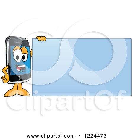 Clipart of a Smart Phone Mascot Character Standing by a Blue Sign - Royalty Free Vector Illustration by Mascot Junction