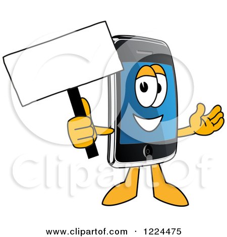 Clipart of a Smart Phone Mascot Character Holding a Sign - Royalty Free Vector Illustration by Mascot Junction