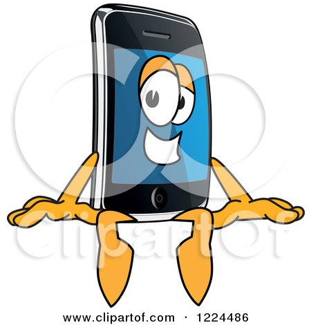 Clipart of a Smart Phone Mascot Character Sitting on a Sign - Royalty Free Vector Illustration by Mascot Junction
