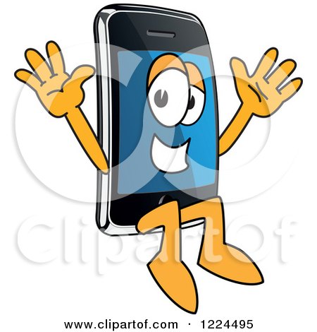 Clipart of a Smart Phone Mascot Character Jumping - Royalty Free Vector Illustration by Mascot Junction