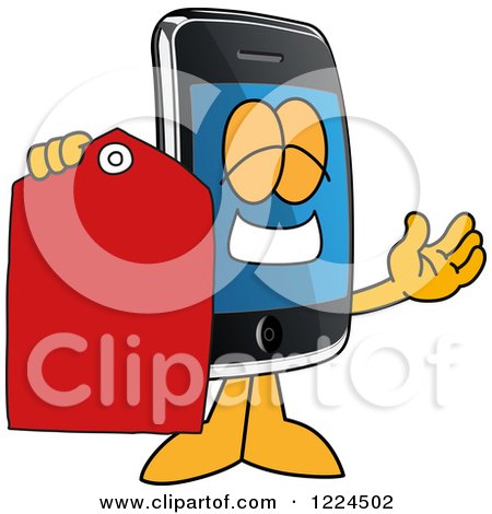 Clipart of a Smart Phone Mascot Character Holding a Clearance Tag - Royalty Free Vector Illustration by Mascot Junction