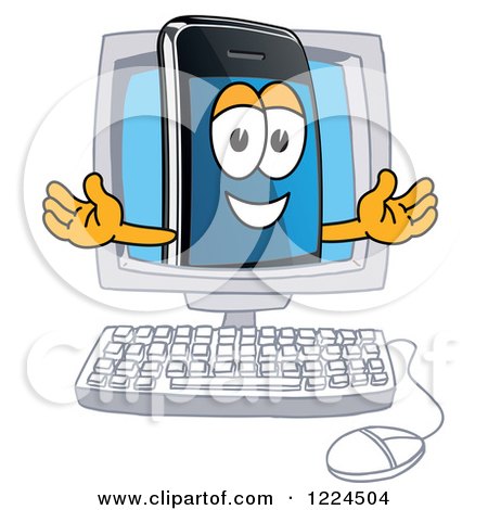 Clipart of a Smart Phone Mascot Character in a Computer Screen - Royalty Free Vector Illustration by Mascot Junction
