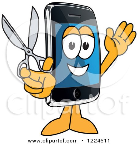 Clipart of a Smart Phone Mascot Character Holding Scissors - Royalty Free Vector Illustration by Mascot Junction