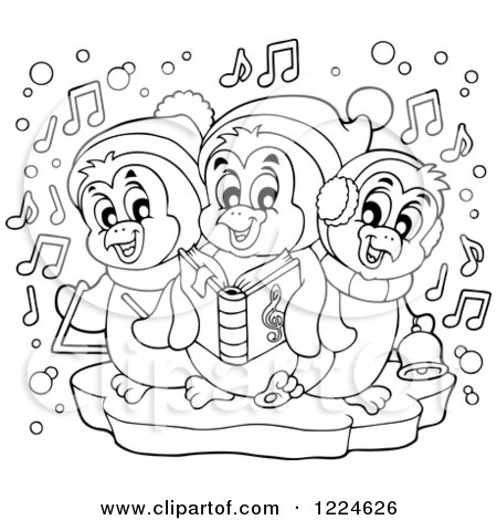 Clipart of Outlined Penguins Singing Christmas Carols - Royalty Free Vector Illustration by visekart