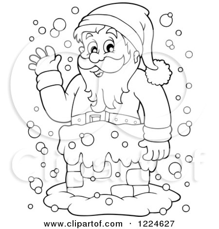 Clipart of an Outlined Santa Waving from a Chimney in the Snow - Royalty Free Vector Illustration by visekart