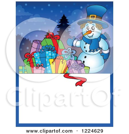 Clipart of a Snowman with Christmas Presents over a Text Box - Royalty Free Vector Illustration by visekart