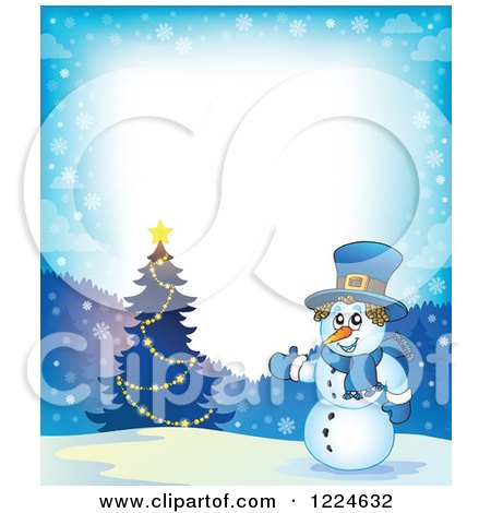 Clipart of a Snowman Presenting a Christmas Tree in the Snow - Royalty Free Vector Illustration by visekart