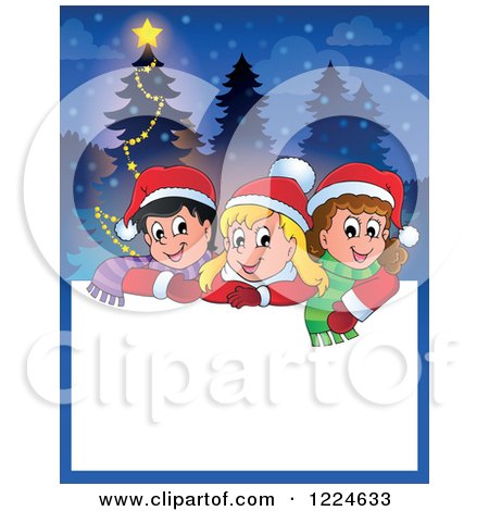 Clipart of a Text Box with Happy Children and a Christmas Tree in the Snow - Royalty Free Vector Illustration by visekart