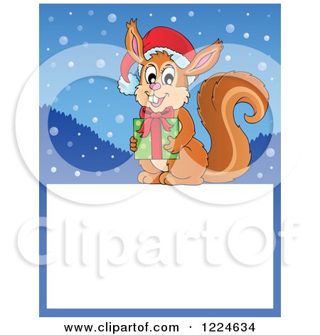 Clipart of a Christmas Squirrel Holding a Gift over a Text Box - Royalty Free Vector Illustration by visekart
