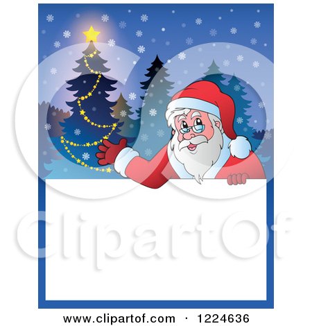 Clipart of a Christmas Text Box with Santa Presenting and a Tree in the Snow - Royalty Free Vector Illustration by visekart