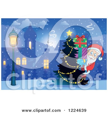 Clipart of Santa Carrying a Stack of Christmas Presents Around a Village Tree - Royalty Free Vector Illustration by visekart