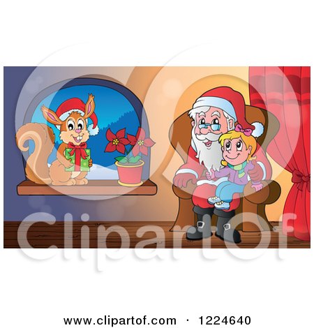 Clipart of a Girl on Santas Lap and a Christmas Squirrel in a Window - Royalty Free Vector Illustration by visekart