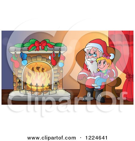 Clipart of a Girl Sitting on Santas Lap by a Fireplace - Royalty Free Vector Illustration by visekart