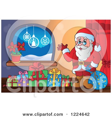 Clipart of Santa with a Sack and Christmas Presents by a Window - Royalty Free Vector Illustration by visekart
