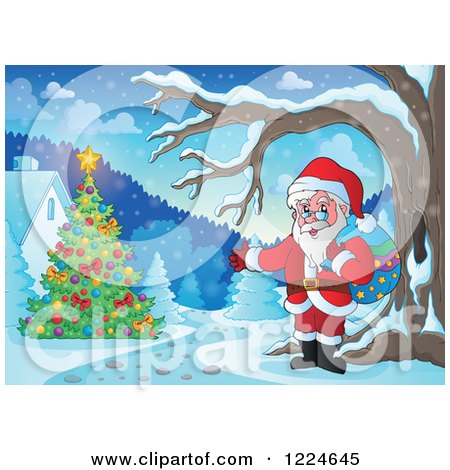 Clipart of Santa Presenting a Christmas Tree in the Snow - Royalty Free Vector Illustration by visekart