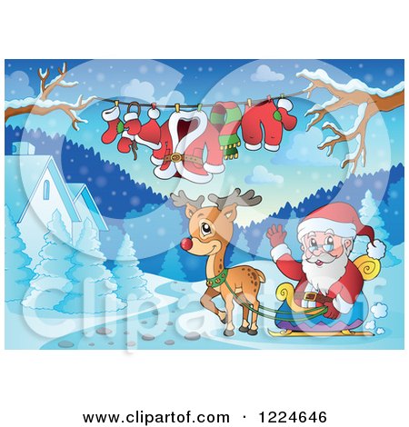 Clipart of Santa Waving in His Reindeer Sleigh by a Clothesline and Winter Houses - Royalty Free Vector Illustration by visekart