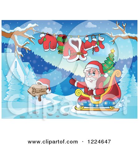 Clipart of Santa Waving in His Sleigh by a Clothesline and Winter Houses - Royalty Free Vector Illustration by visekart