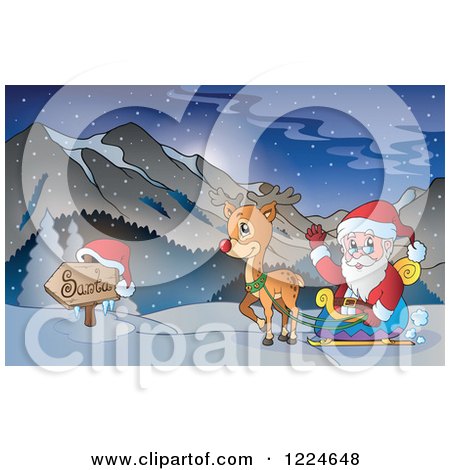 Clipart of Santa Waving in His Reindeer Sleigh in Snowy Mountains - Royalty Free Vector Illustration by visekart