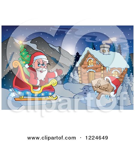 Clipart of Santa Waving in His Reindeer Sleigh by a Cabin - Royalty Free Vector Illustration by visekart
