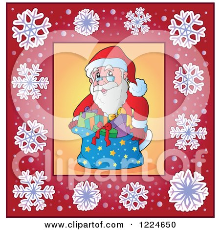 Clipart of Santa with a Sack of Christmas Gifts in a Frame of Snowflakes - Royalty Free Vector Illustration by visekart