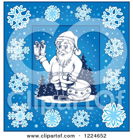 Clipart of Santa with a Sack and Christmas Gift in a Blue Frame of Snowflakes - Royalty Free Vector Illustration by visekart
