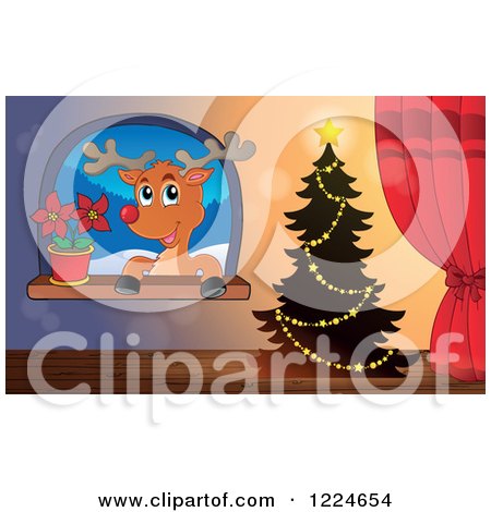 Clipart of a Christmas Tree by a Window with a Reindeer and Poinsettia - Royalty Free Vector Illustration by visekart