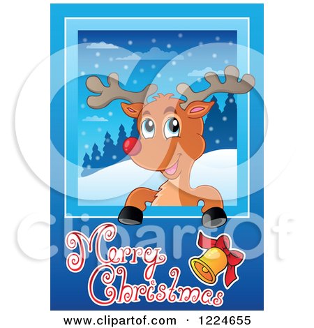 Clipart of a Red Nosed Reindeer over a Winter Landscape and Merry Christmas Greeting - Royalty Free Vector Illustration by visekart