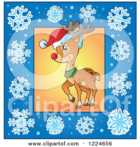 Clipart of a Christmas Reindeer in a Blue Snowflake Frame - Royalty Free Vector Illustration by visekart