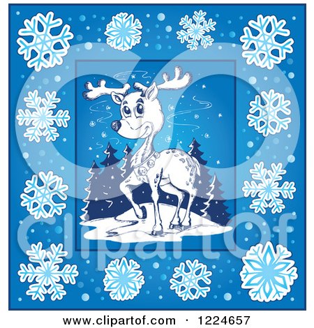 Clipart of a Sketched Christmas Reindeer in a Blue Snowflake Frame - Royalty Free Vector Illustration by visekart