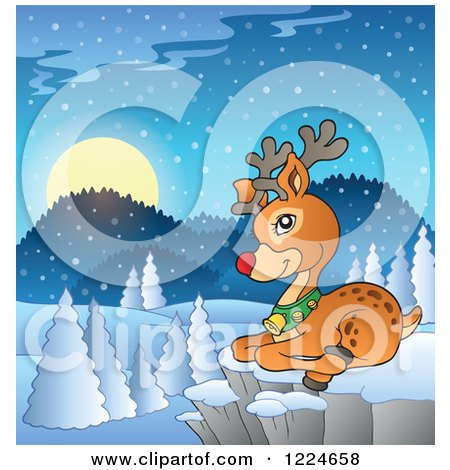 Clipart of a Red Nosed Christmas Reindeer Resting on a Cliff over a Winter Landscape - Royalty Free Vector Illustration by visekart