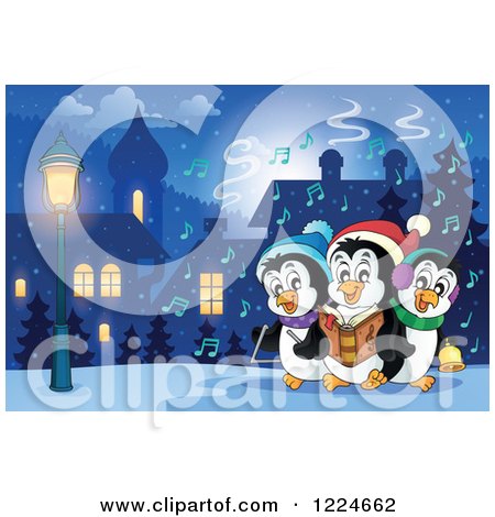 Clipart of Penguins Singing Christmas Carols in a Village at Night - Royalty Free Vector Illustration by visekart