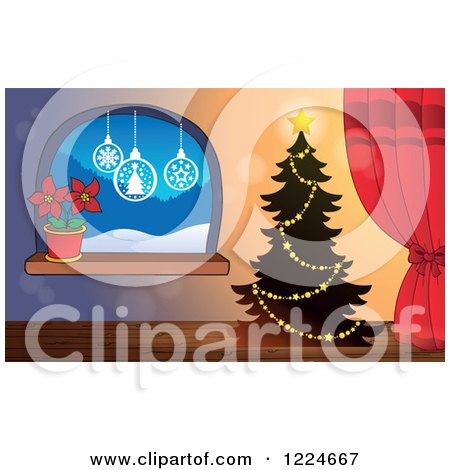 Clipart of a Christmas Tree by a Window with a Poinsettia Plant - Royalty Free Vector Illustration by visekart