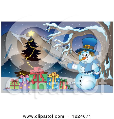 Clipart of a Snowman with Presents and a Christmas Tree in the Mountains - Royalty Free Vector Illustration by visekart