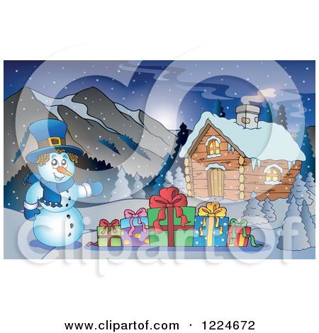 Clipart of a Snowman with Christmas Presents by a Log Cabin - Royalty Free Vector Illustration by visekart