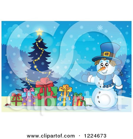 Clipart of a Snowman with Presents and a Christmas Tree in the Snow - Royalty Free Vector Illustration by visekart