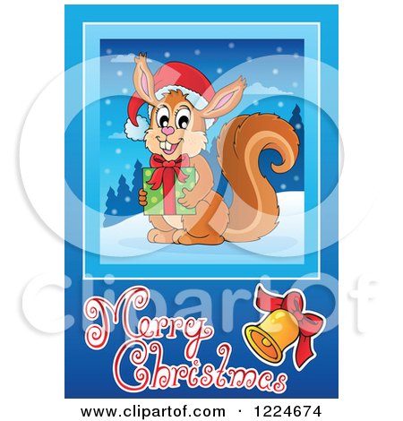 Clipart of a Squirrel Holding a Gift over a Merry Christmas Greeting - Royalty Free Vector Illustration by visekart