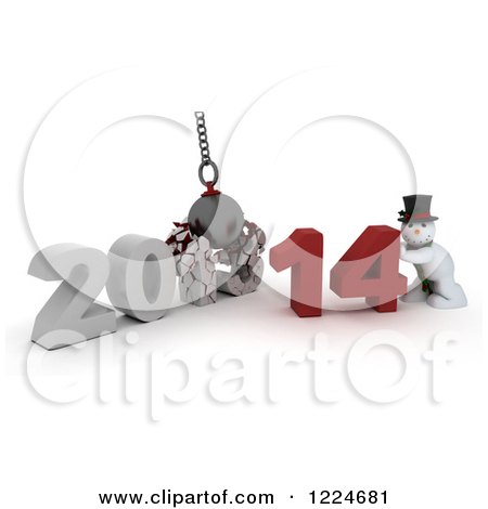 Clipart of a 3d Snowman with a 2013 to New Year 2014 Wrecking Ball - Royalty Free Illustration by KJ Pargeter