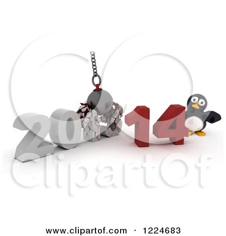 Clipart of a 3d Penguin with a 2013 to New Year 2014 Wrecking Ball - Royalty Free Illustration by KJ Pargeter