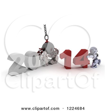 Clipart of a 3d Robot with a 2013 to New Year 2014 Wrecking Ball - Royalty Free Illustration by KJ Pargeter
