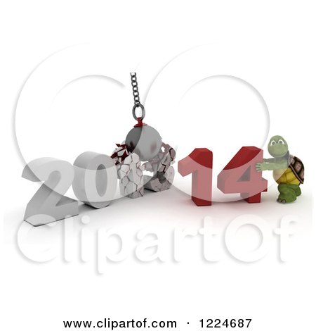 Clipart of a 3d Tortoise with a 2013 to New Year 2014 Wrecking Ball - Royalty Free Illustration by KJ Pargeter