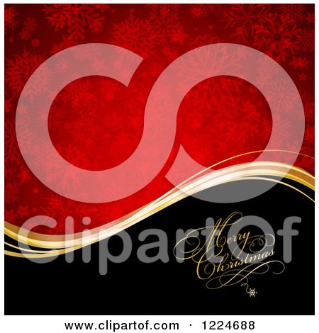Clipart of a Merry Christmas Greeting on a Black and Red Snowflake Wave Background - Royalty Free Vector Illustration by KJ Pargeter